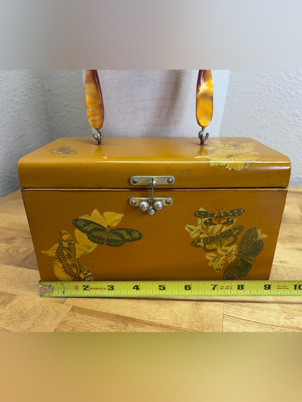 Vintage Butterfly Decoupage Wooden Box Purse Lucite Handle Vanity Case MCM - Picture 11 of 14